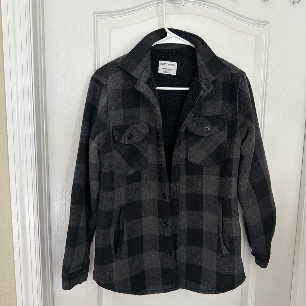 Distortion Boys Gray Black Buffalo Check Sherpa Lined Flannel Shacket L